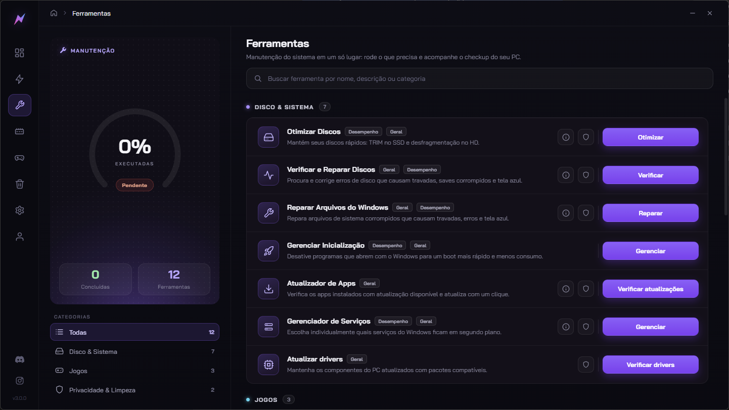 Tela de ferramentas da Nitrus FPS 3.0.0, em português.