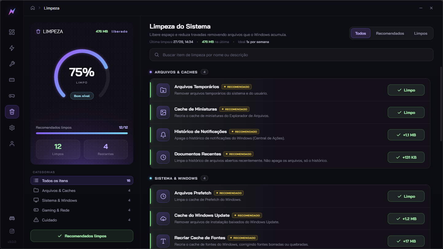 Tela de limpeza da Nitrus FPS 3.0.0, em português.
