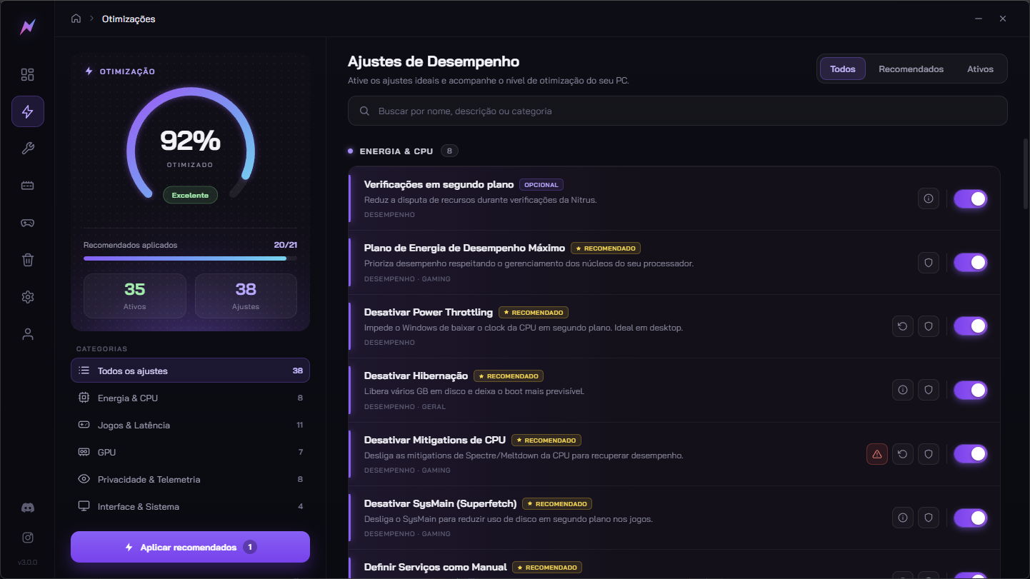 Tela de Otimizações da Nitrus FPS 3.0.0, em português.
